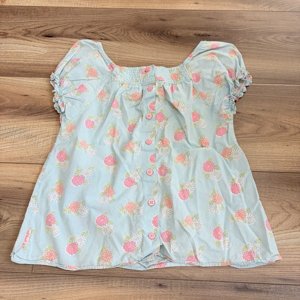 Vintage Osh Kosh Bgosh Top Girls Blue Floral Cotton Button Front Blouse Size 8